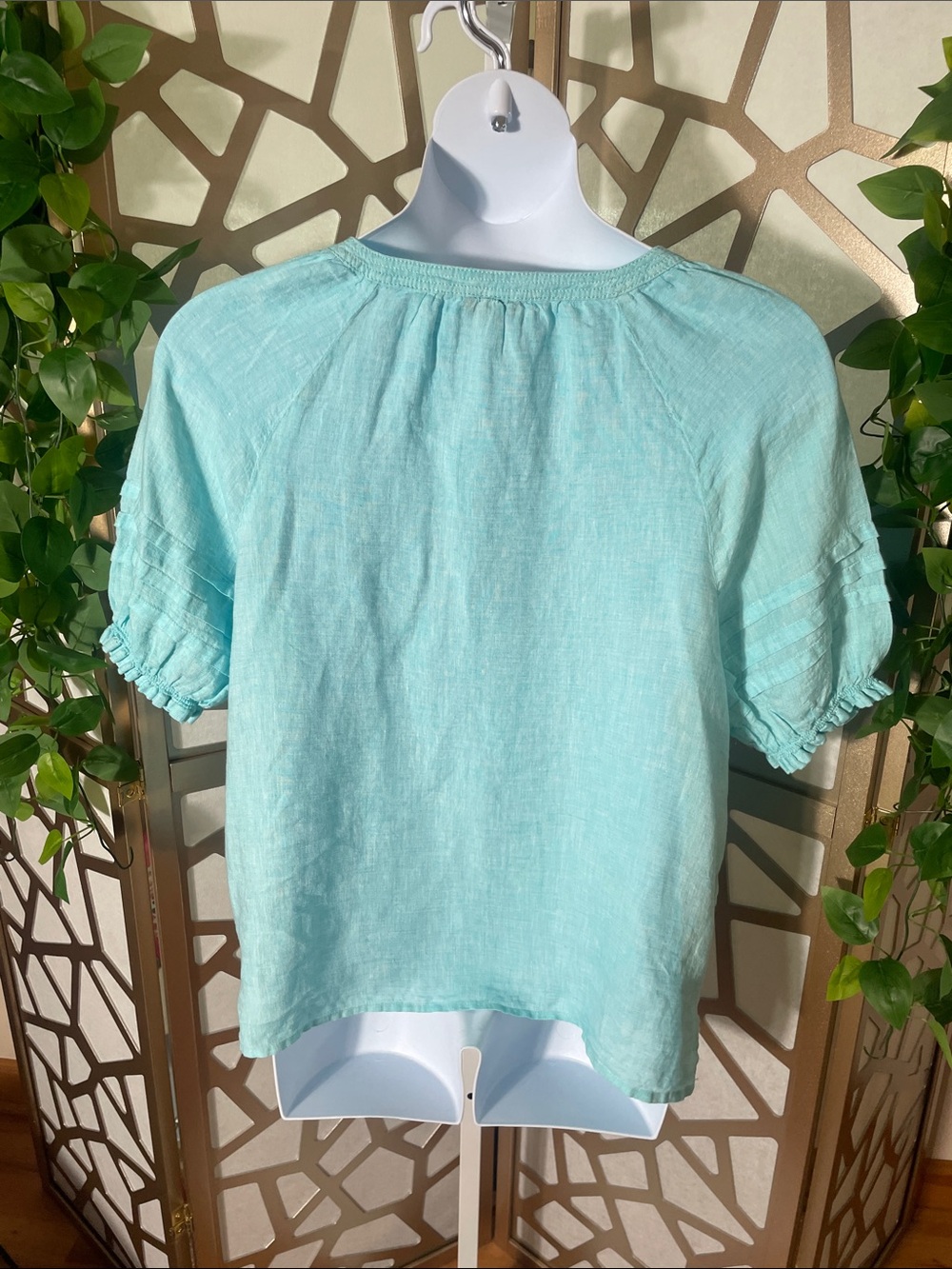 Talbots Aqua Tie-Front Linen Peasant Blouse, XL - Picture 3 of 5